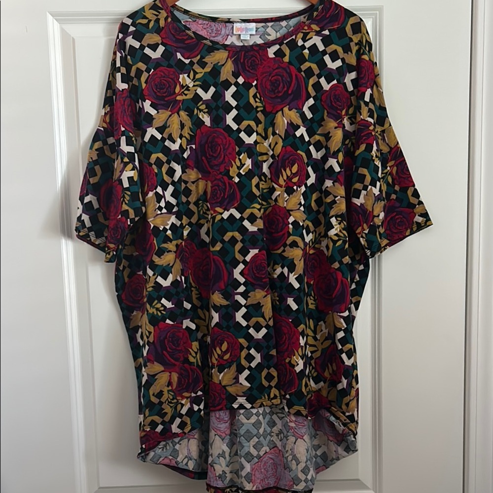 LuLaRoe Red Roses & Geometric Graphic Short Sleeve Blouse